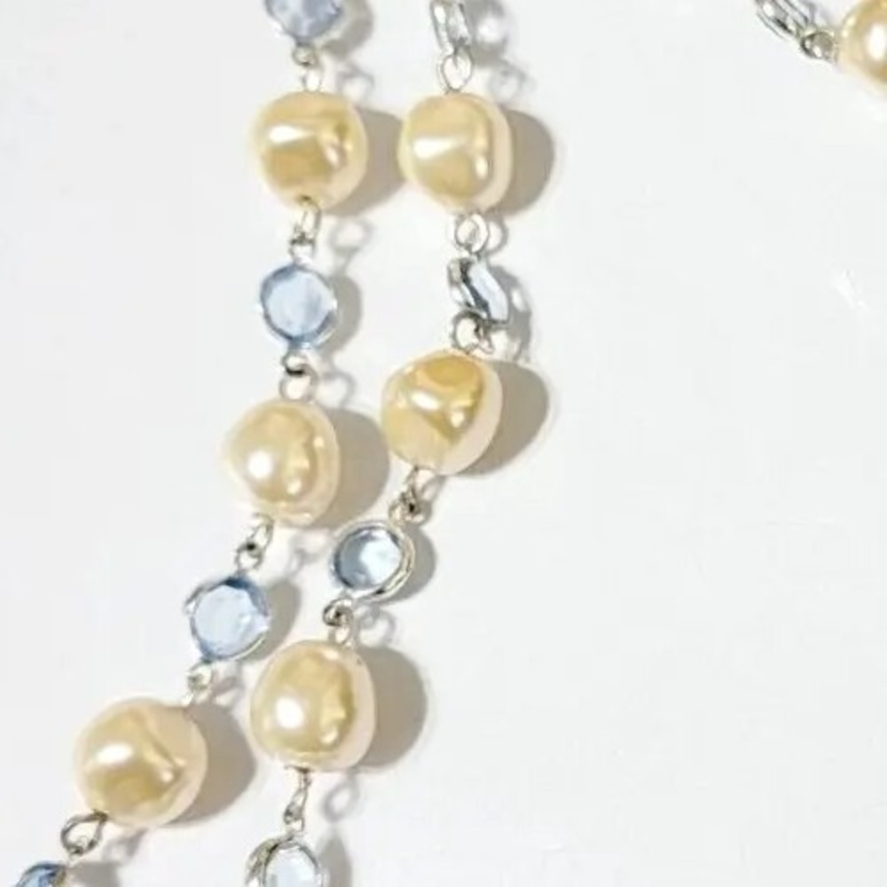 Vintage Faux Pearl & Pale Blue Bevel-Set Lucite Long Beaded Station Necklace